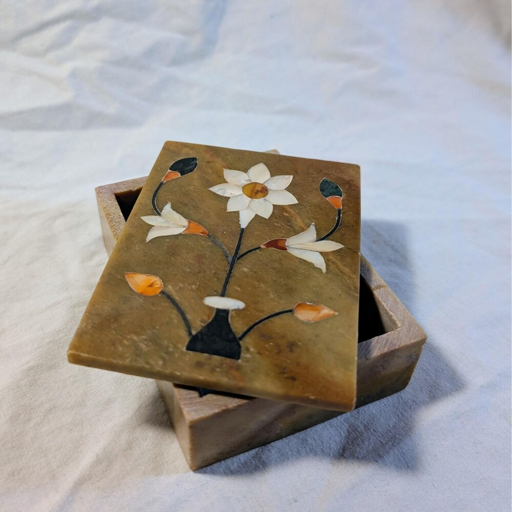 Vintage Stone Cigarette Box & Match Box Holder - Trinket Box